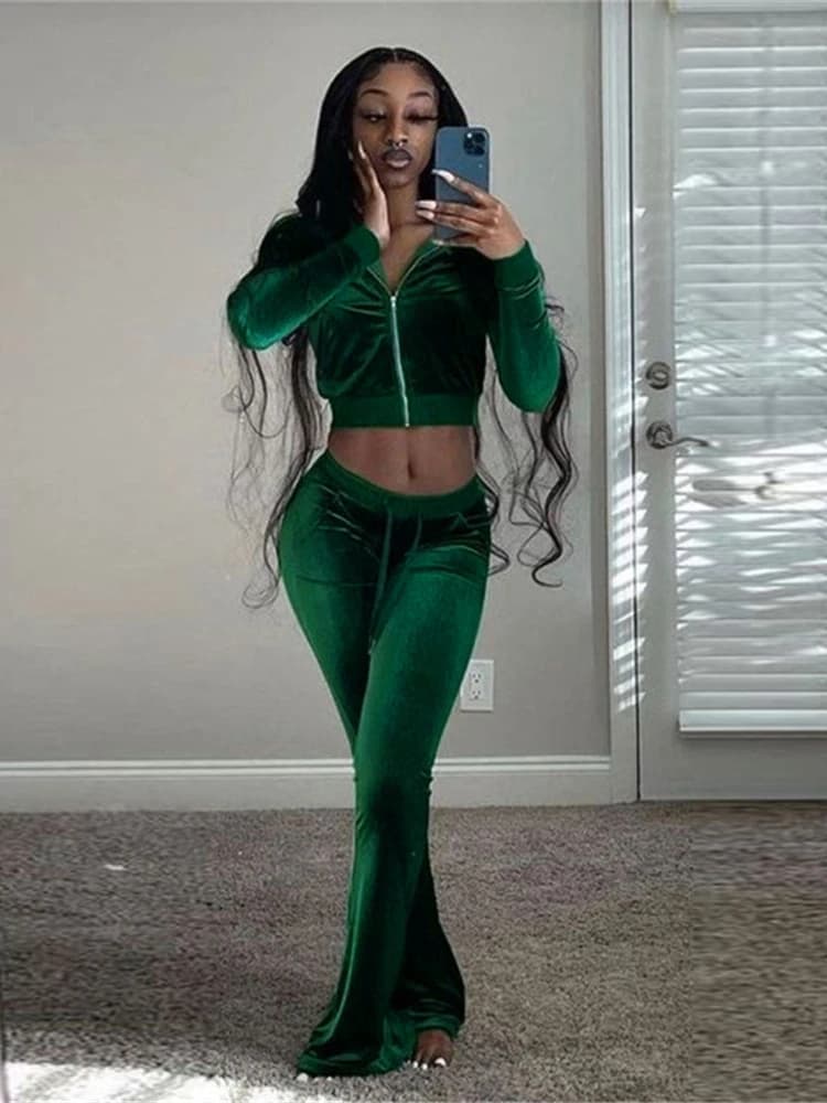 Kliou conjunto de duas peças de veludo sólido feminino simples casual zíper manga longa gola alta + bandagem renda magro feminino calças largas perna