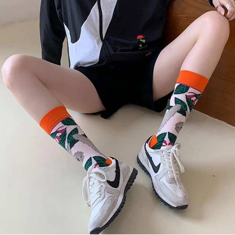 Moda colorida primavera outono meia meias femininas planta ouriço preguiça meias de algodão personalidade reta meias na moda