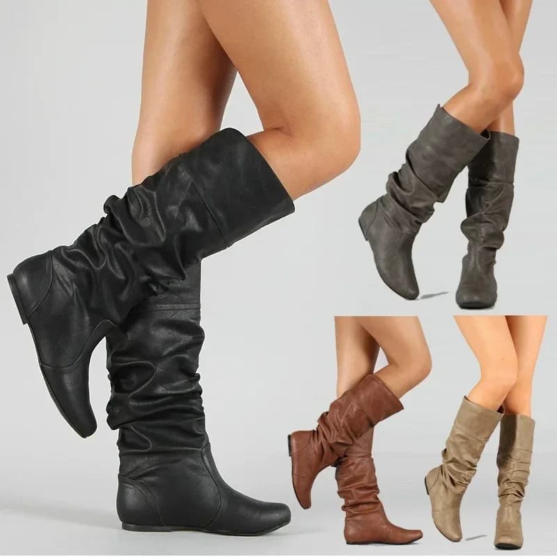 Botas de couro femininas moda plissado cunha botas longas dedo do pé redondo outono inverno sólido deslizamento em sapatos senhoras bota alta botas de mujer