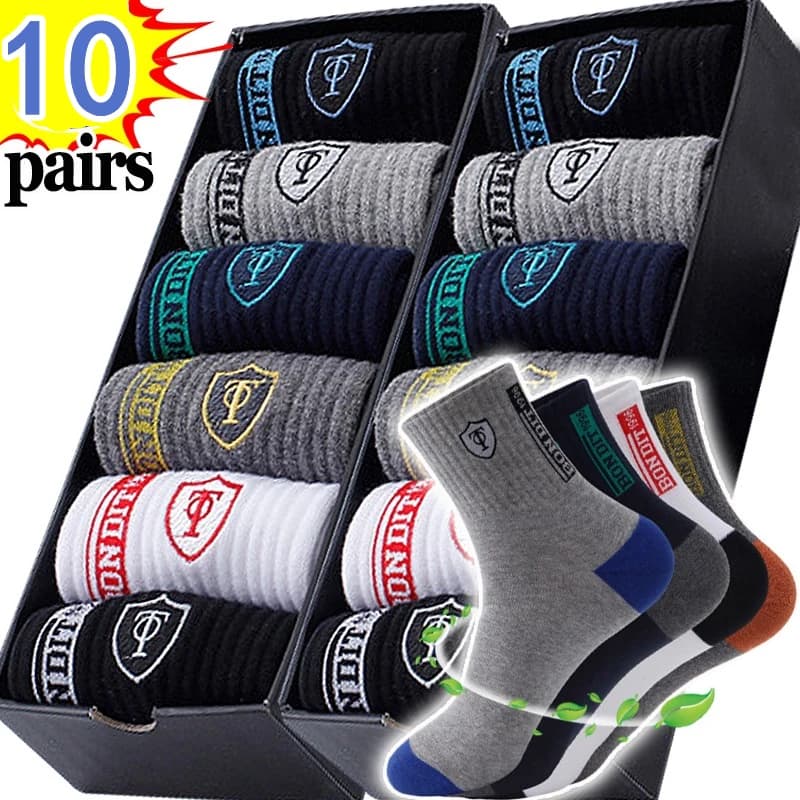 Meias esportivas de algodão respirável para homens Meias de fibra de bambu Absorção de suor Desodorante Business Sox Outono e inverno 10 pares