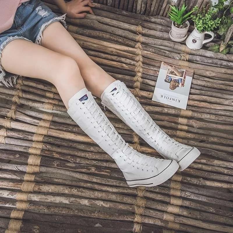 Novas mulheres joelho botas altas moda rendas sapatos de lona requintado auto cultivo sapatos de dança para mulher sapatos de grife botas mujer