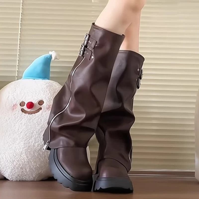 Estilo punk emenda fundo grosso feminino joelho-botas altas moda zíper feminino plissado cavaleiro botas longas sapatos