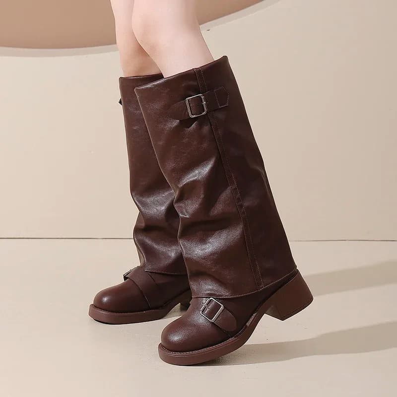 Vintage salto grosso feminino joelho botas altas moda senhoras fivela de cinto cavaleiro botas longas botas de inverno feminina