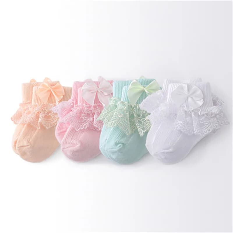 Lawadka 4 pares/lote meias do bebê recém-nascido para meninas algodão rendas infantil meninas meia princesa arco da criança do bebê meninas meias primavera 0-24m