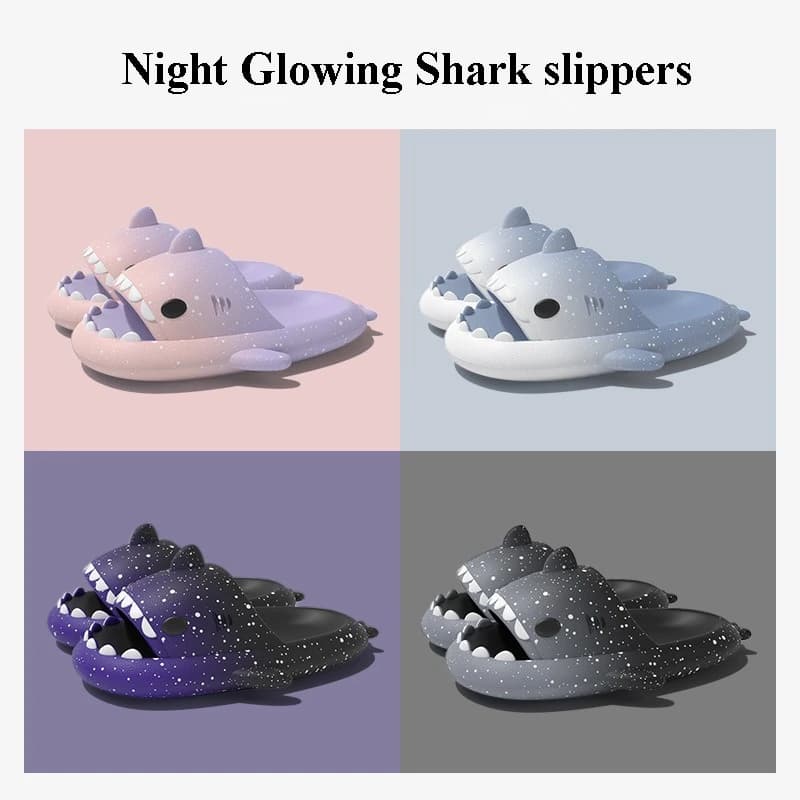 Chinelos noturnos fluorescentes em forma de tubarão, quatro cores diferentes.