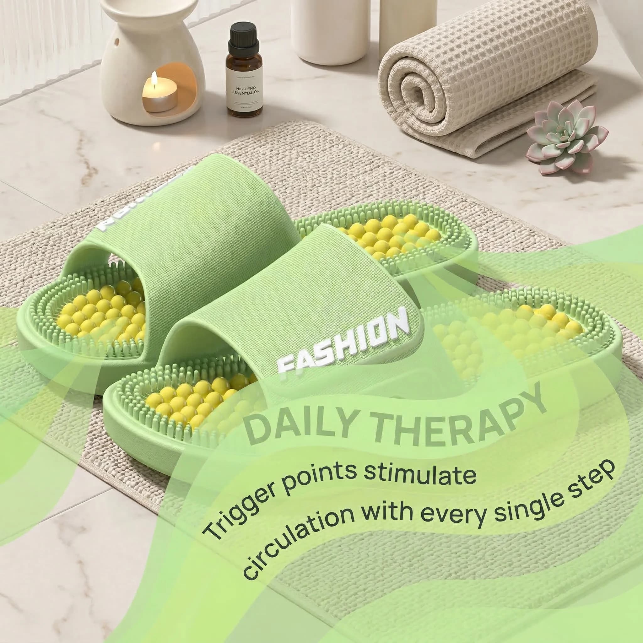 Chinelas de massagem verdes com pontos de gatilho para estimular circulação, ambiente relaxante ao fundo
