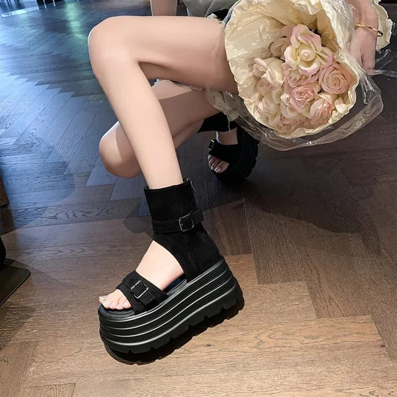 Designers mulheres verão sandálias de couro dedo do pé aberto 8cm plataforma cunha tênis feminino sapatos casuais praia sandálias das mulheres 2025