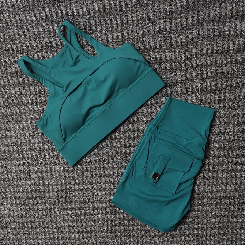Calções de fitness conjuntos de yoga agasalho feminino cintura alta sutiã esportivo leggings de treino ciclismo ginásio shorts terno esportivo com bolso