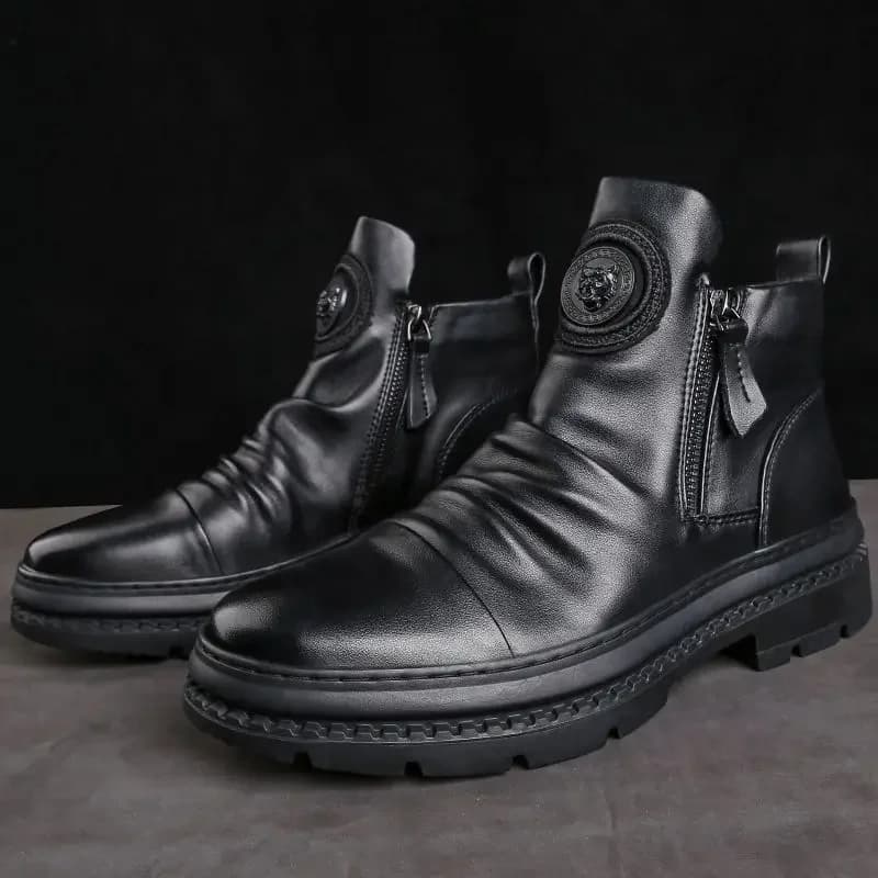 Botas de couro da motocicleta dos homens estilo britânico cabeça redonda sapatos altos zíper lateral andando botas plataforma casual bota masculina