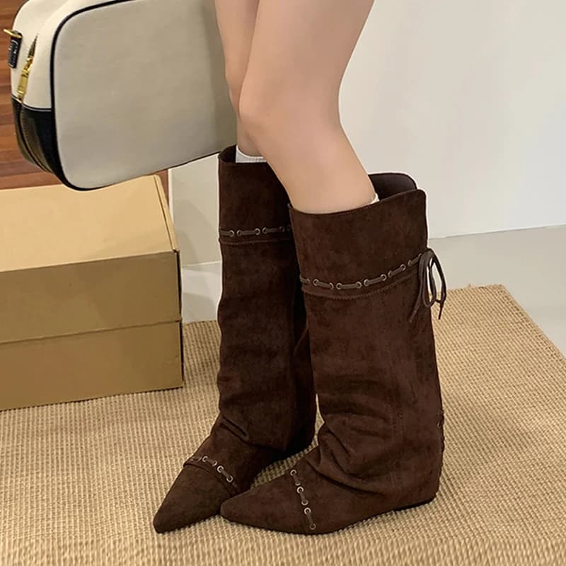 Liyke design de moda cordão rendas até joelho botas altas mulheres vintage apontou toe dentro da altura crescente sapato longo botas mujer