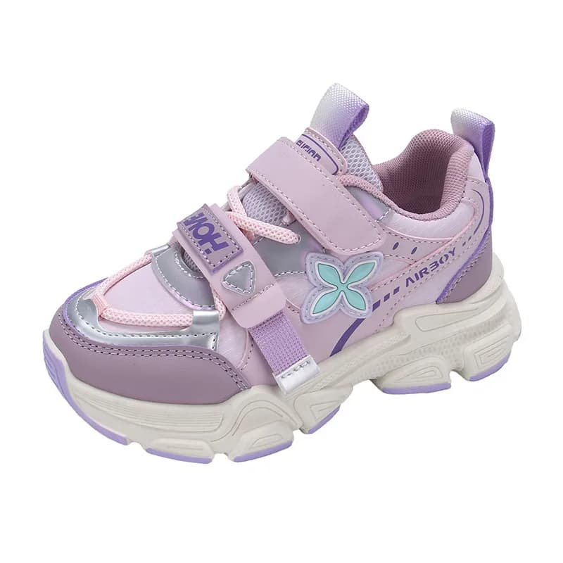 Tênis HOPE Kids lilás e rosa com aplicação de flor, solado antiderrapante branco e fechamento em velcro