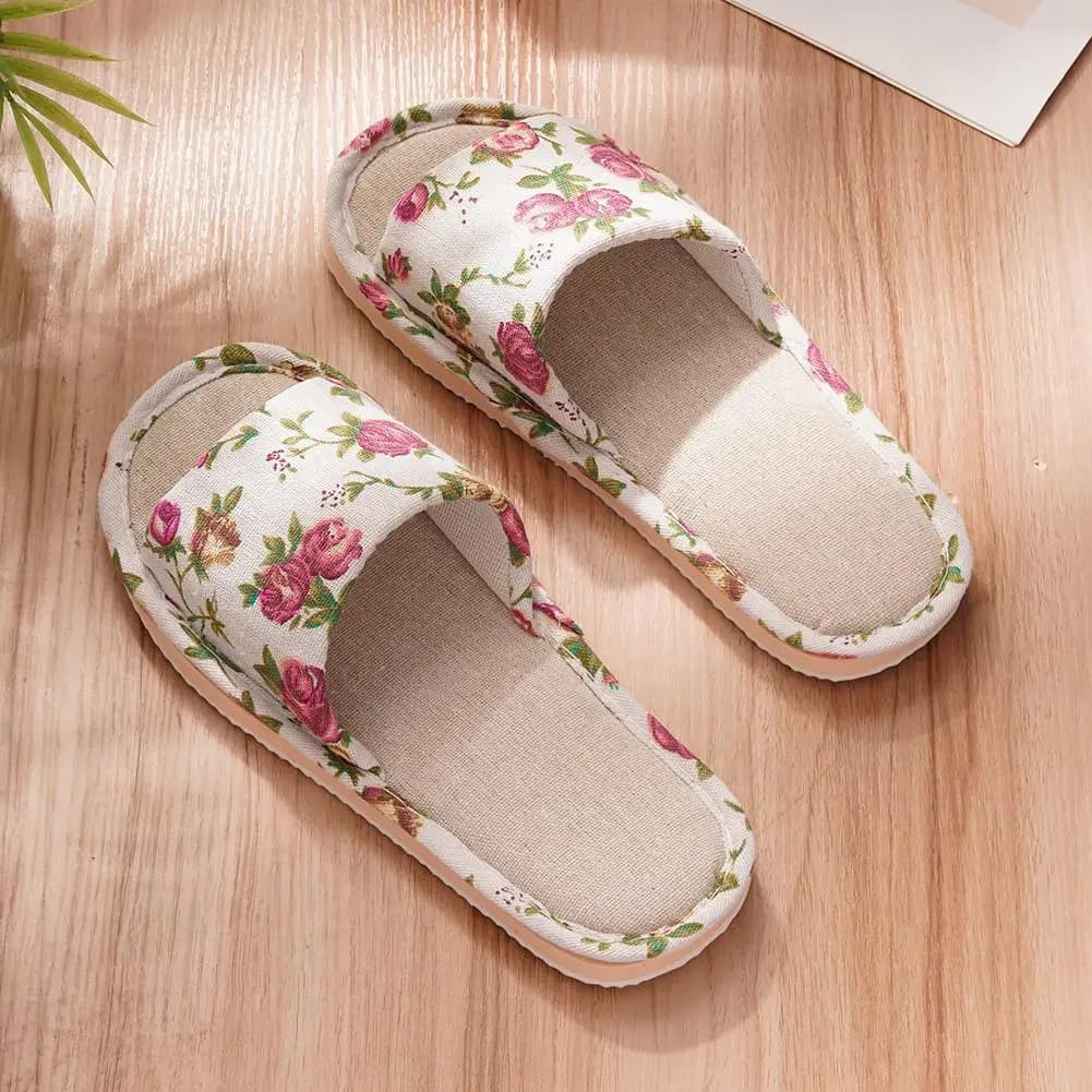 Chinelo Confortável de Linho, Sandália Antiderrapante Feminina Casual Floral para Casa, Primavera Outono