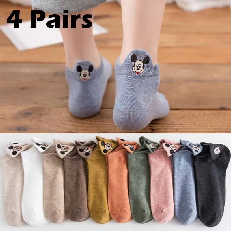 4 pares disney dos desenhos animados meias femininas tubo baixo barco meias desenhos animados bordado mouse engraçado tornozelo meias de algodão baixo corte kawii meias