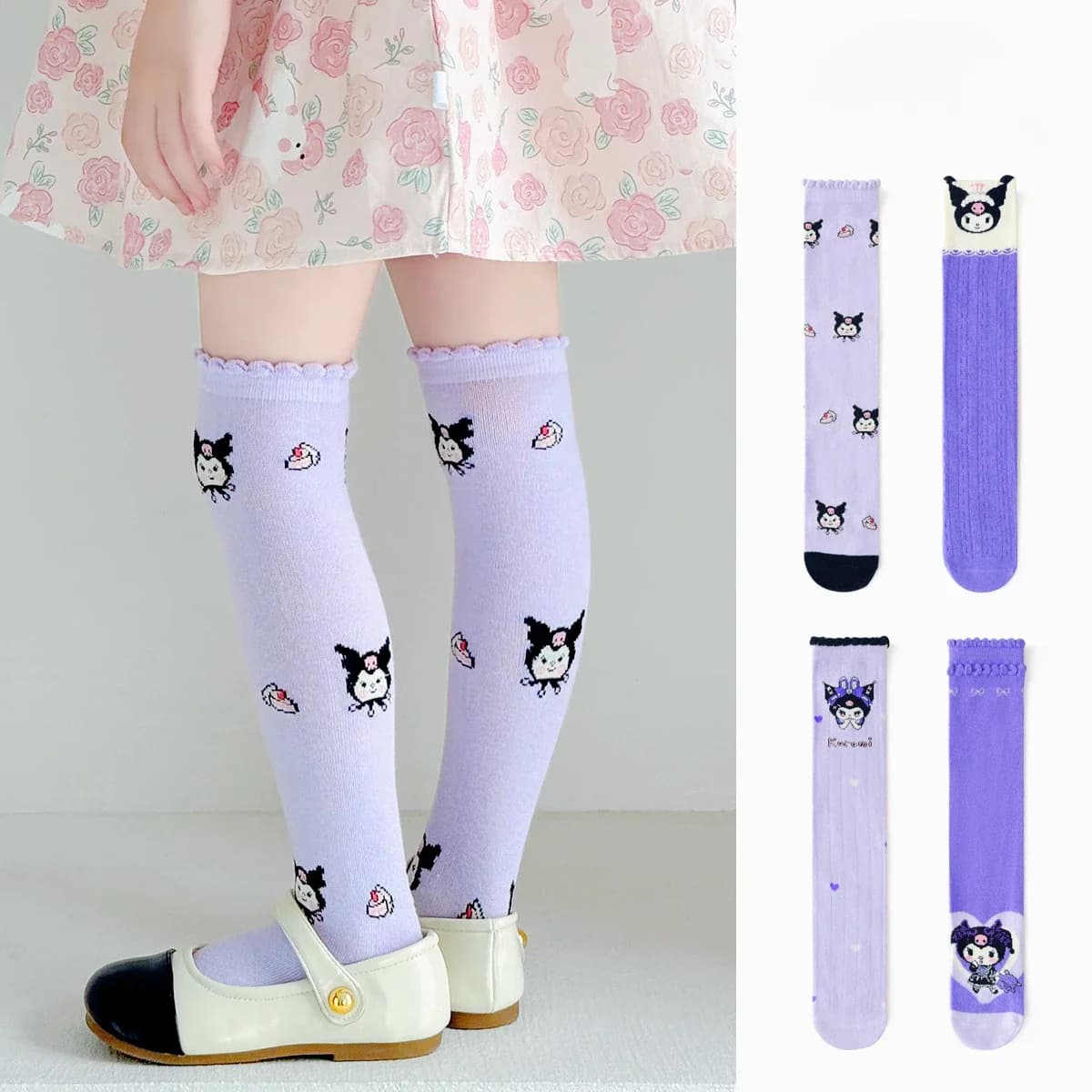 Meninas crianças primavera sobre o joelho meias kawaii kuromi minha melodia cinnamoroll pochacco outono inverno algodão meados de bezerro meias