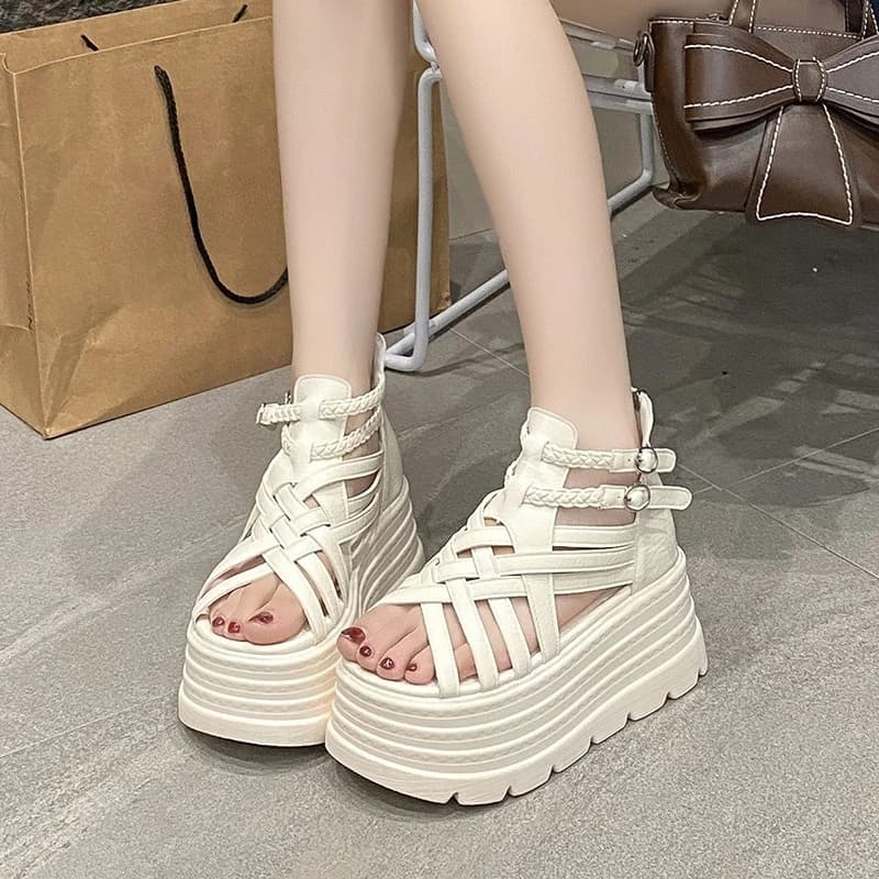 Sandálias de Couro Femininas de Verão com Plataforma Aberta de 8CM, Novos Tênis Casuais para Mulheres, Sandálias de Praia