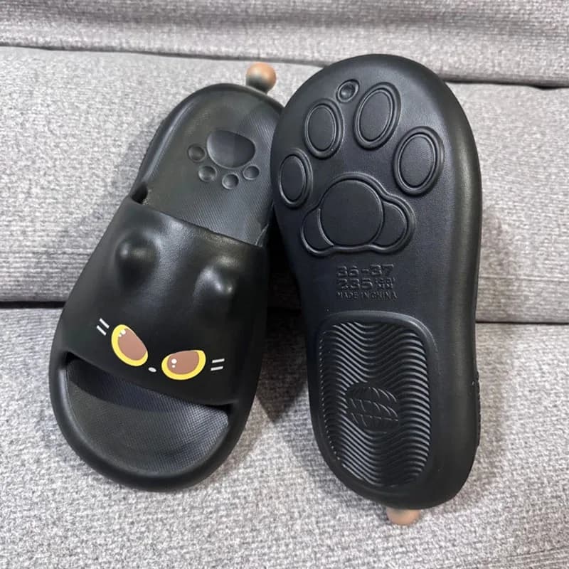 2026 Novas Sandálias Femininas de Dedo Aberto com Estampa de Pata de Gato 3D Preta, Chinelos Macios de EVA para Uso Interno e Externo, Praia, Banho e Banheiro