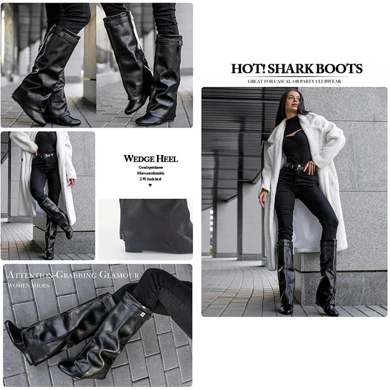 Designer altura crescente botas longas de couro das mulheres outono inverno 2025 botas de tubarão de bezerro largo mulher salto cunha joelho botas altas