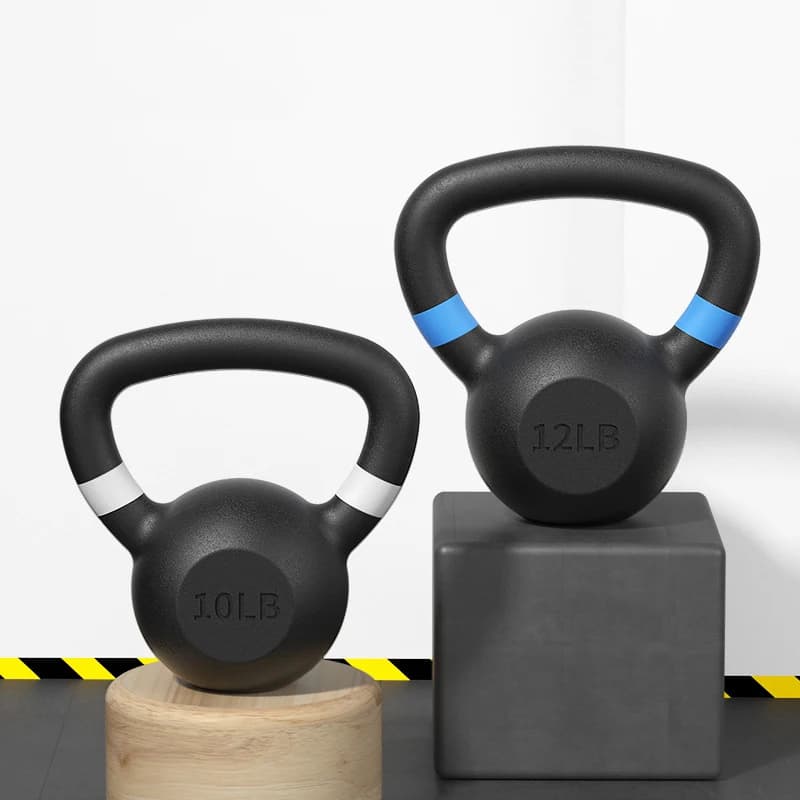 Conjunto de Kettlebells de Ferro Fundido Preto de 10kg e 12kg com Revestimento em Pó para Academia e Fitness com Anéis de Cores Ajustáveis