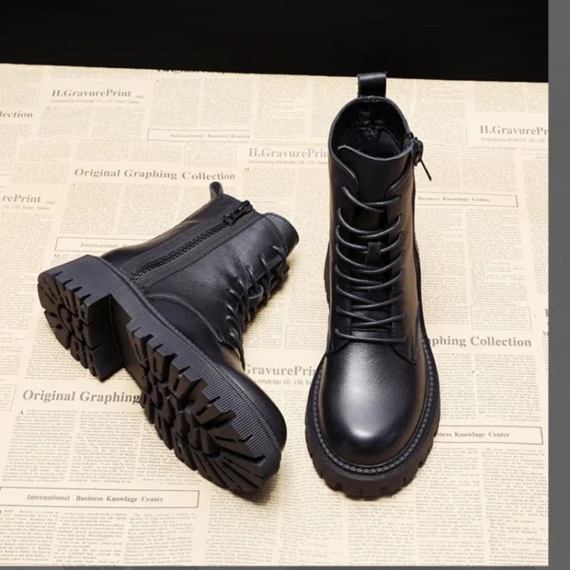 Outono novas botas de comprimento médio preto anti deslizamento na moda calçados moda rendas botas senhoras sapatos casuais de salto grosso botas zapatos