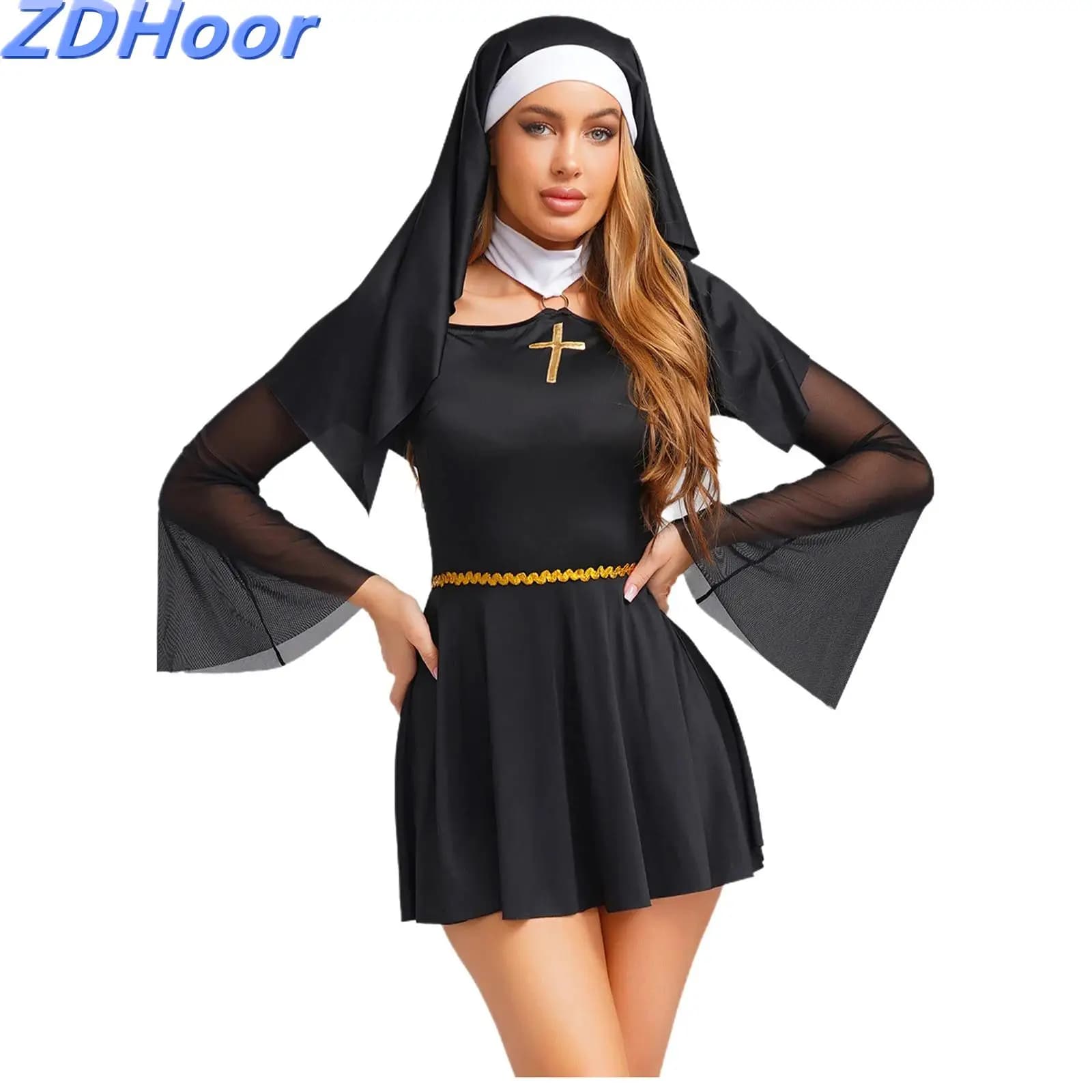 Mulheres freira cosplay vestido o-ring halter fora do ombro malha traje de festa temático do dia das bruxas vestido de manga longa com lenço