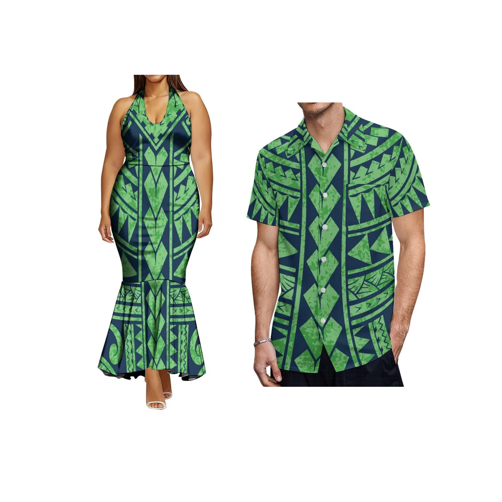 Impressão sob demanda senhoras sem mangas fishtail vestido havaiano polinésia tribal lado zíper fishtail halter vestido de baile personalizado