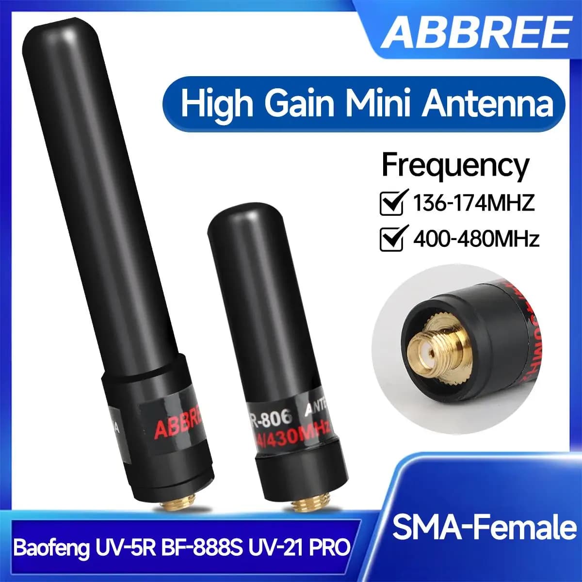 Abbree AR-806 + sma-mini antena fêmea vhf uhf banda dupla de alto ganho para baofeng UV-21 pro UV-5R quansheng UV-K5 8 rádio de reboque