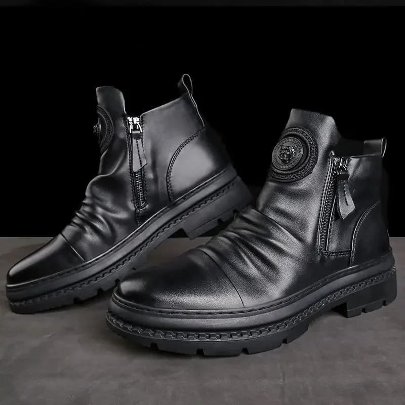 Botas de couro da motocicleta dos homens estilo britânico cabeça redonda sapatos altos zíper lateral andando botas plataforma casual bota masculina