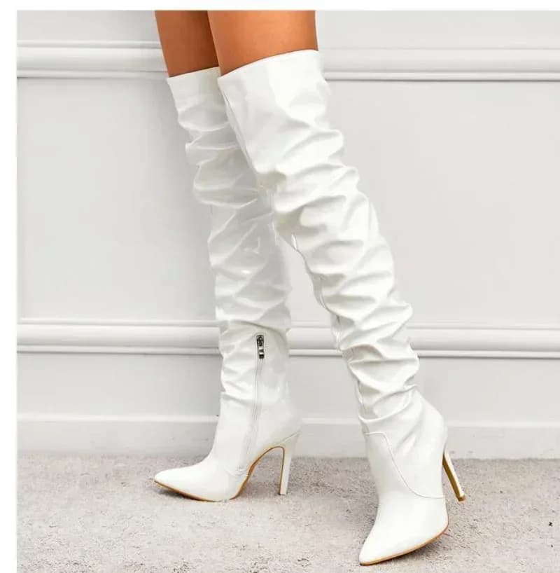 Botas acima do joelho moda feminina dedo do pé apontado preto zíper lateral fino salto alto feminino brilhante plissado botas de salto alto 2024