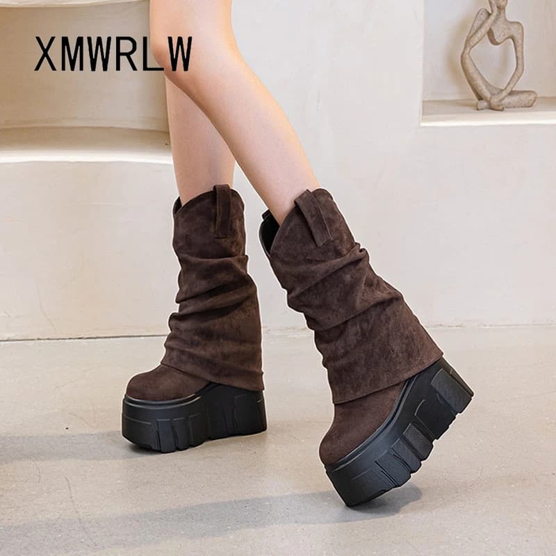 Xmwrlw 2025 outono inverno mulheres joelho botas altas sapatos de plataforma quente de pelúcia botas altas femininas sola de borracha outono inverno bota
