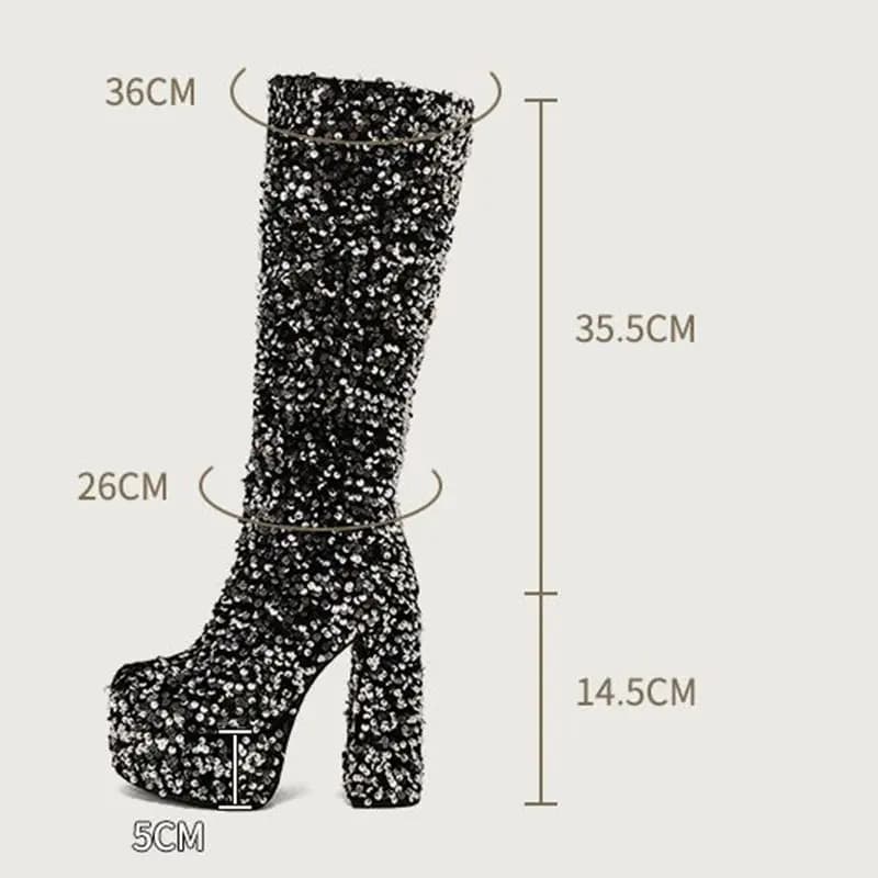 Simloveyo salto grosso 14cm plataforma colina glitter deslizamento em 45 46 47 clube bota festa joelho botas altas dedo do pé redondo casual legal feminino