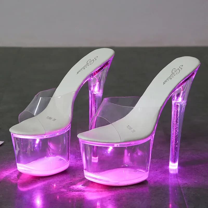 17cm mclubgirl 34-43 novos saltos boate sapatos de salto alto sandálias luminosas sapatos passarela pólo sapatos de dança fundo de cristal lfd