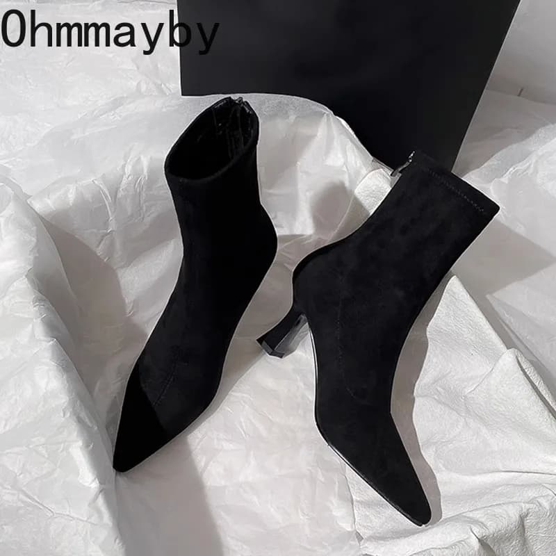 Vintage apontou toe feminino meia tornozelo botas outono senhoras elegante festa de salto alto curto botas zapatos de mujer