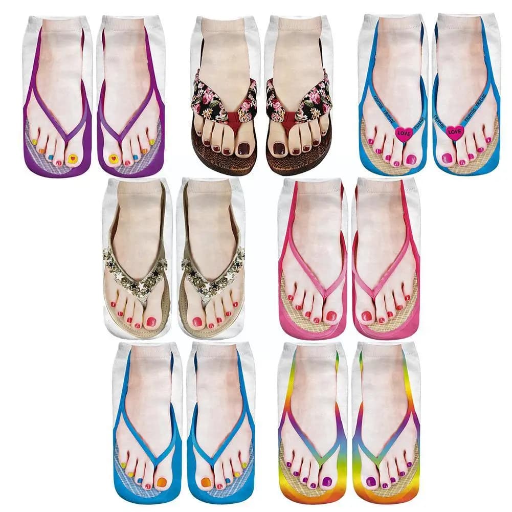 Impressão 3D Padrão Flip Flop Meias para Mulheres, Meias Engraçadas, Meias Tornozelo, Low Cut, Floor Meias, Novidade Presentes, 1 Par