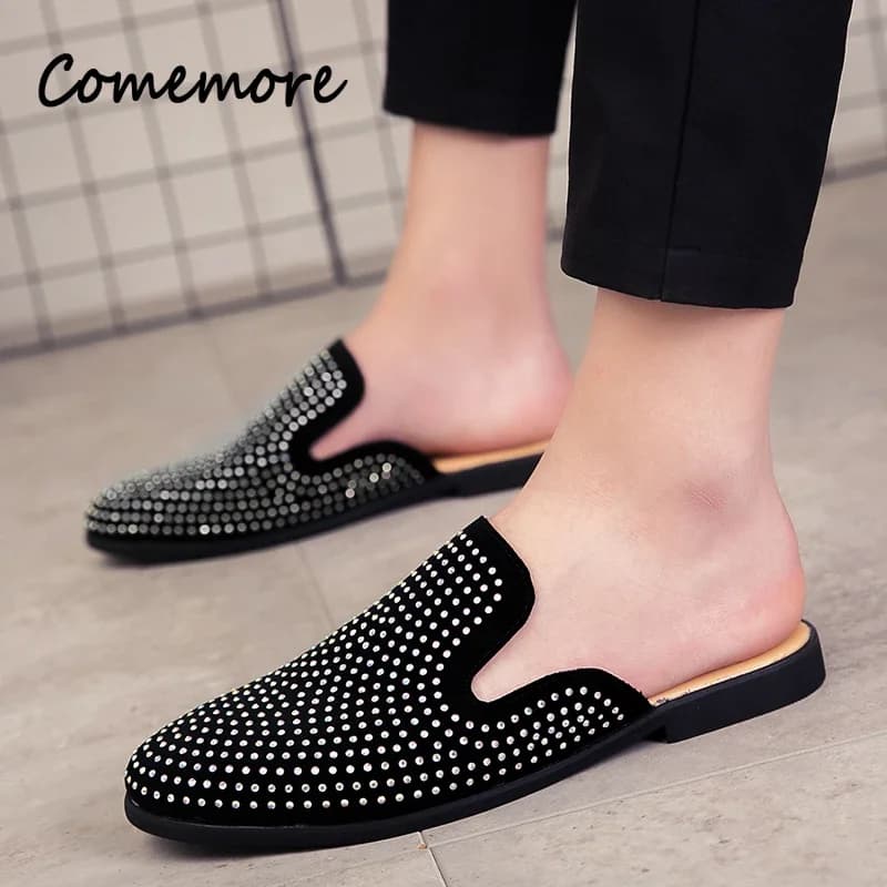 Sapatos de couro masculinos com glitter e strass, estilo casual, preto com pontos prateados