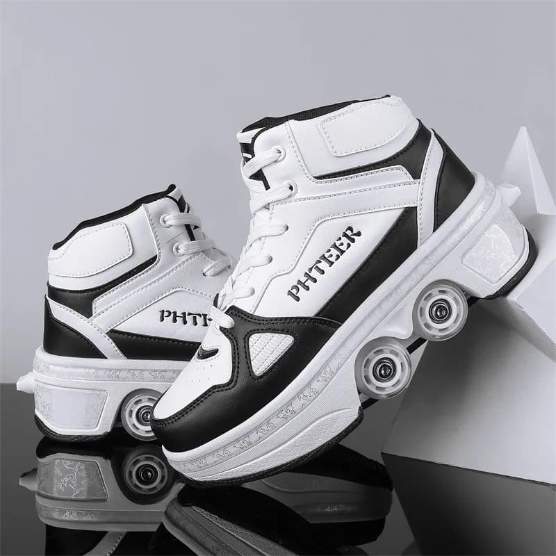 Tênis de patins com rodas branco e preto para crianças e adultos