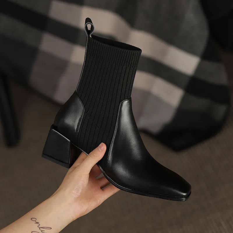 Novas Botas Curtas de Salto Alto Femininas de Tricô Tamanho Grande 43 para Outono Inverno 2026 - Calçado Feminino Slip-on