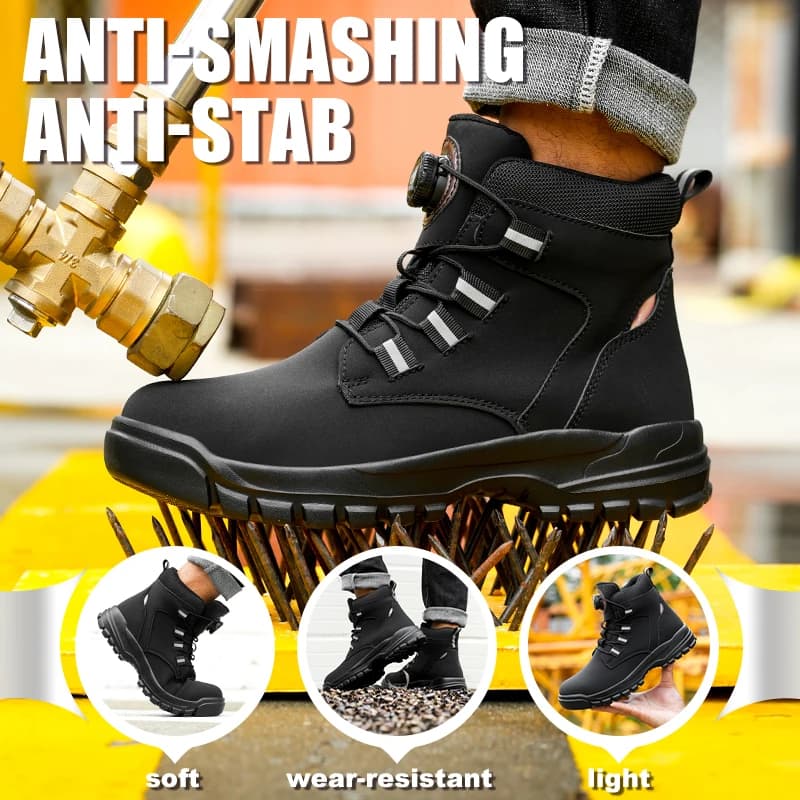 Botas de trabalho masculinas à prova d'água, segurança, biqueira de aço, sapatos indestrutíveis, palmilhas anti-esmagamento, botão rotativo, botas industriais