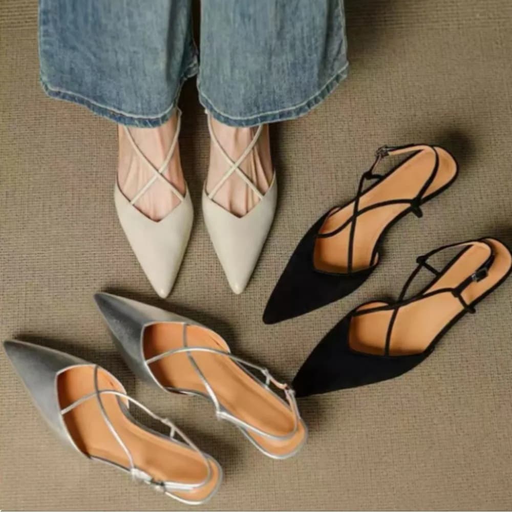 Novo Estilo 2026: Mules de Salto Baixo com Bico Fino e Sandálias de Salto Alto com Bico Fino, Femininas, Estilo Retrô Francês, com Tira de Fivela Única, da Moda