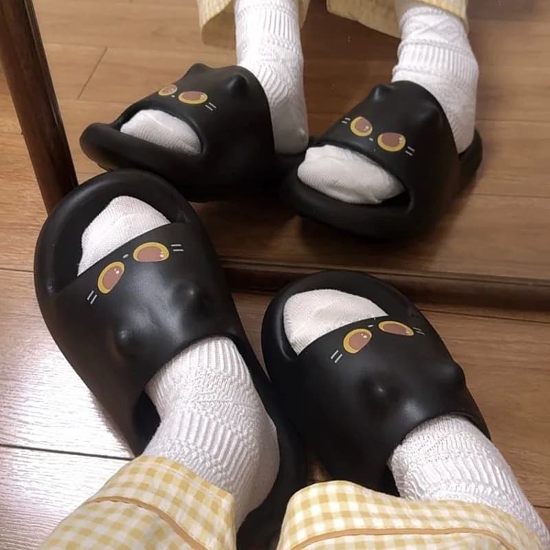 2026 Novas Sandálias Femininas de Dedo Aberto com Estampa de Pata de Gato 3D Preta, Chinelos Macios de EVA para Uso Interno e Externo, Praia, Banho e Banheiro