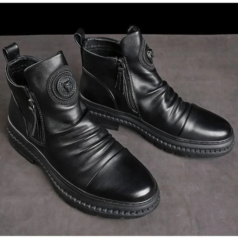 Botas de couro da motocicleta dos homens estilo britânico cabeça redonda sapatos altos zíper lateral andando botas plataforma casual bota masculina