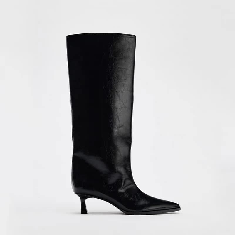 Marca designer outono novo clássico preto sexy apontou meados de bezerro botas diário escritório em casa compras botas altas de um passo botas mujer