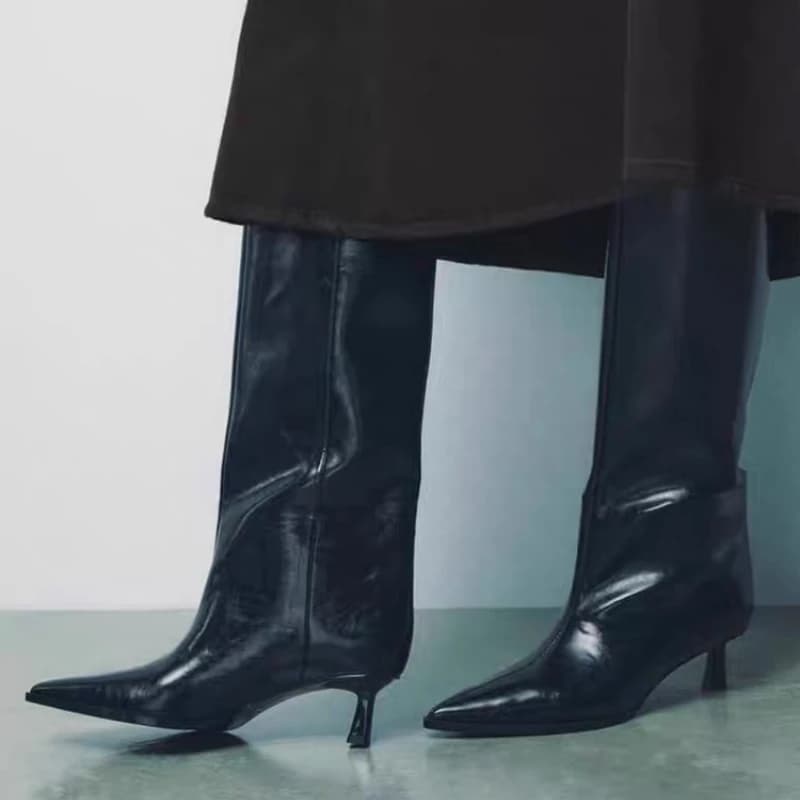 Marca designer outono novo clássico preto sexy apontou meados de bezerro botas diário escritório em casa compras botas altas de um passo botas mujer