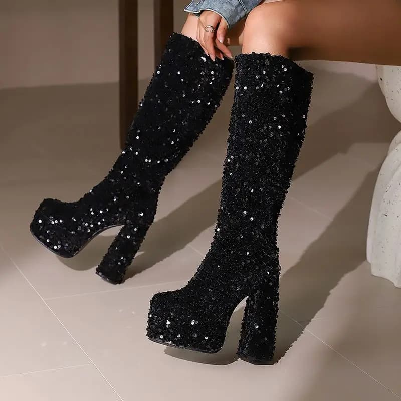 Simloveyo salto grosso 14cm plataforma colina glitter deslizamento em 45 46 47 clube bota festa joelho botas altas dedo do pé redondo casual legal feminino