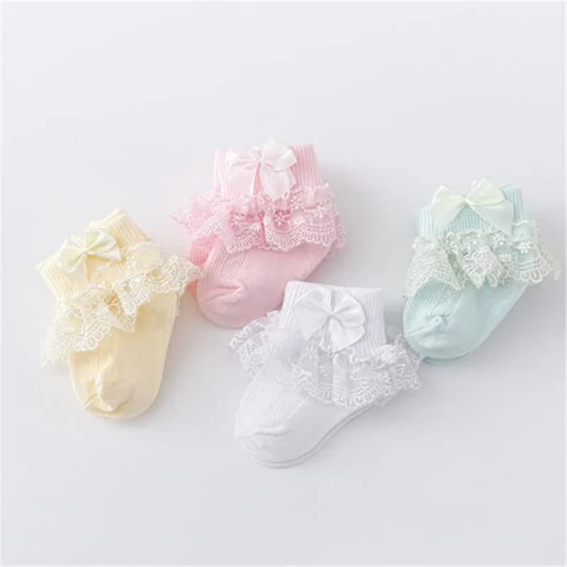 Lawadka 4 pares/lote meias do bebê recém-nascido para meninas algodão rendas infantil meninas meia princesa arco da criança do bebê meninas meias primavera 0-24m