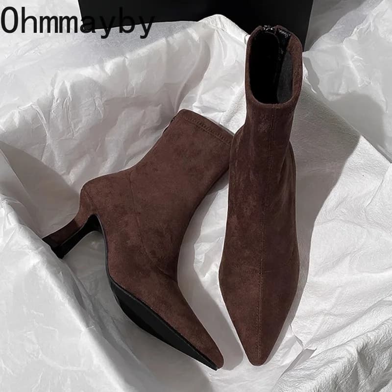 Vintage apontou toe feminino meia tornozelo botas outono senhoras elegante festa de salto alto curto botas zapatos de mujer