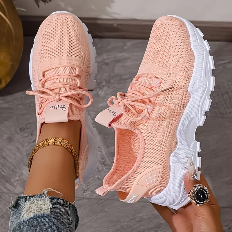 Tênis casual feminino rosa claro de malha respirável com sola branca macia antiderrapante