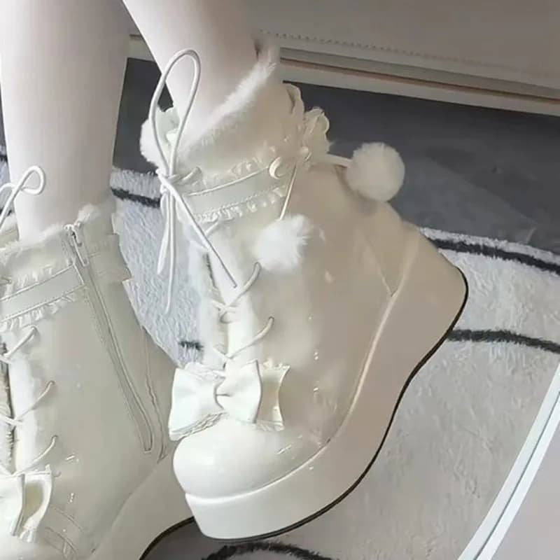Doce inverno botas femininas arco sapatos peludos para mulher bonito couro meninas lolita botas de neve cunha aumentando botas quentes botas mujer