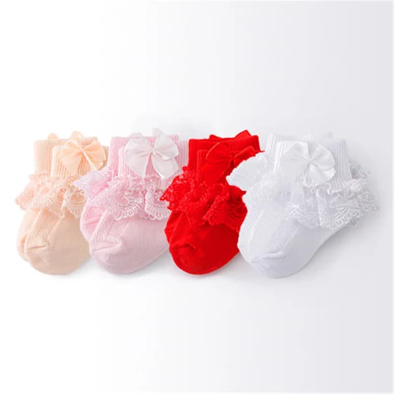 Lawadka 4 pares/lote meias do bebê recém-nascido para meninas algodão rendas infantil meninas meia princesa arco da criança do bebê meninas meias primavera 0-24m