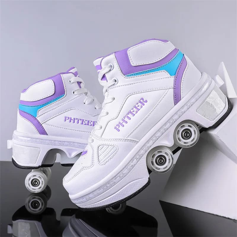 Couro do plutônio crianças 4 rodas sapatos de patins deformação casual parkour tênis patins para rodadas adulto de corrida sapatos esportivos