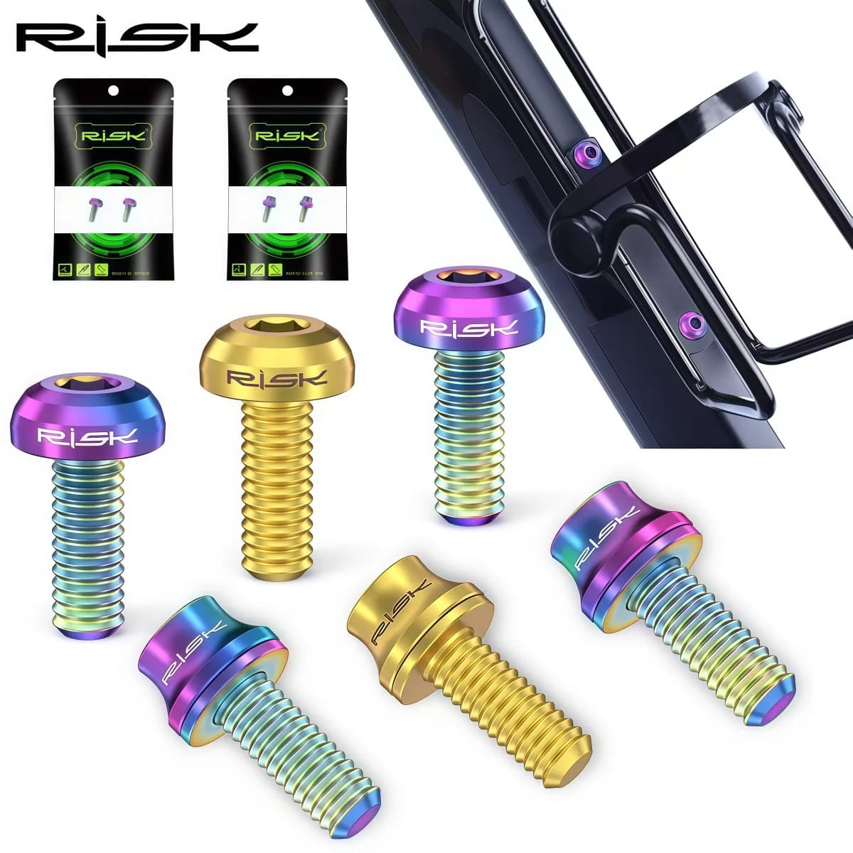 Parafusos de Montagem para Suporte de Garrafa RISK RT014 em Titânio M5x12mm com Arruelas para Suporte de Garrafa de Água para Bicicleta MTB/Estrada (Dourado Preto Titânio)